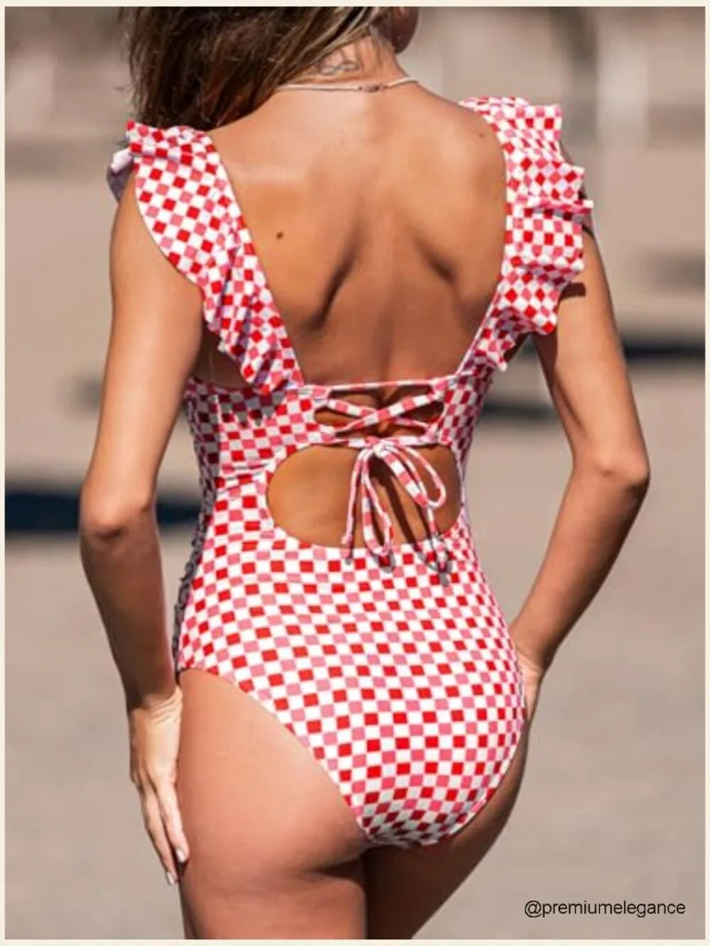 V Neck Lace Up Ruffled One Piece Swimsuit with Adjustable Straps